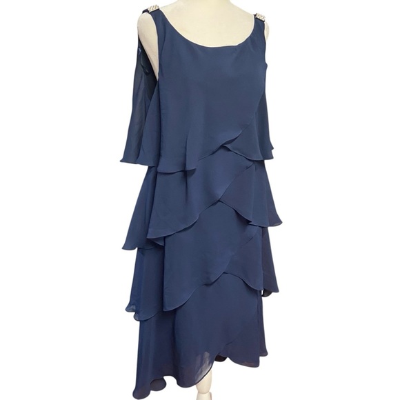 SIGNATURE TESSA Sleeveless Layered Cocktail Dress Size 14W Navy Rhinestone Party - Picture 8 of 14